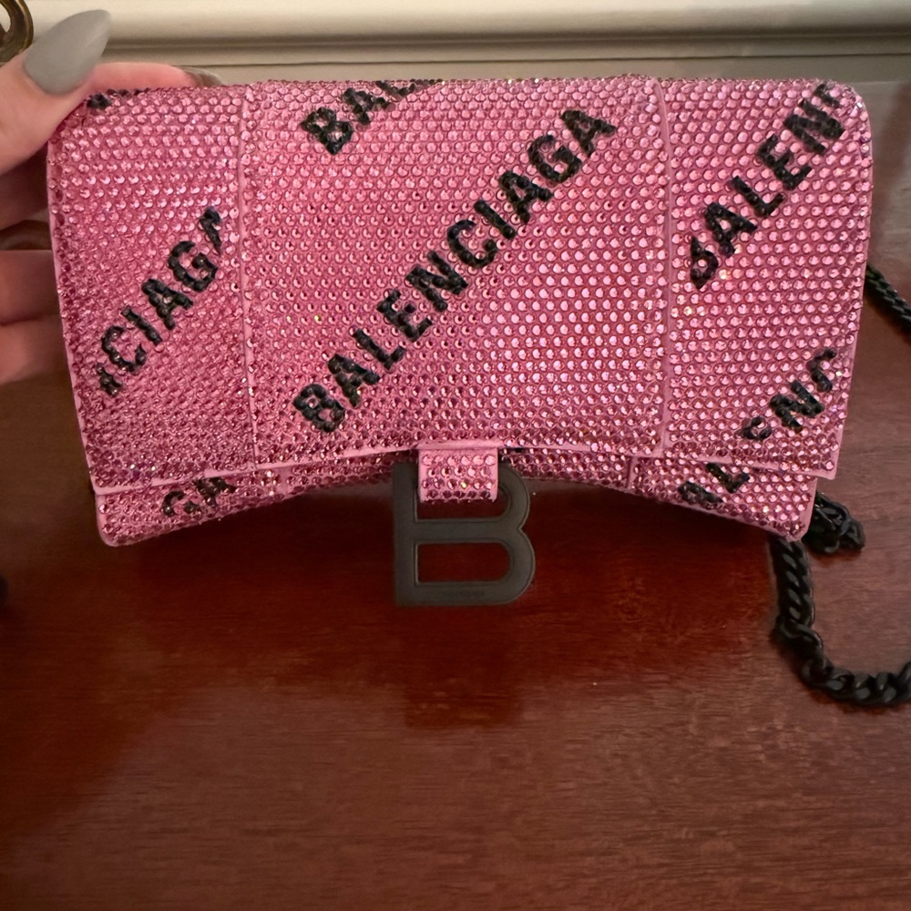 SOLD Balenciaga Pink Logo Clutch with matte black B Clasp and chain